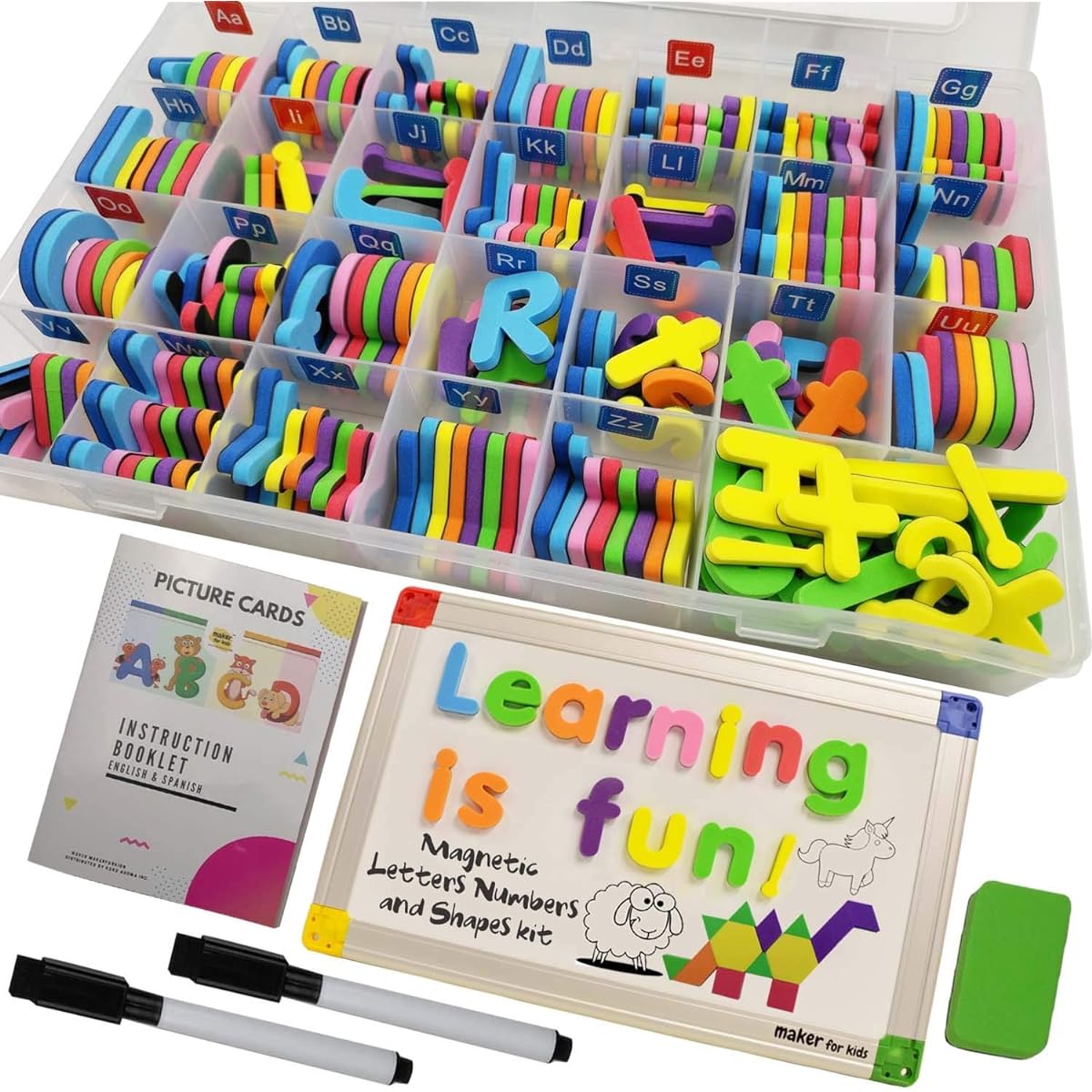 ABC Magnetic Board with 291 Magnetic Letters, Numbers and Shapes for Kids Toddlers with Storage, Double-Sided Drawing, Dry Erase Uppercase Lowercase Foam Alphabet - Spelling Learning Game Set