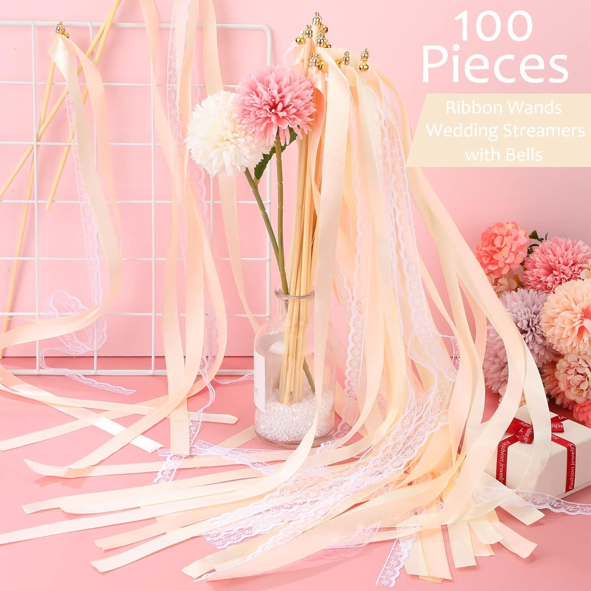 Ribbon Wands Wedding Streamers 100pcs with Triple Ribbons and Bells Silk Fairy Stick Wands Wedding Ribbons Wands Party Favors Streamer Ribbon Sticks Wedding Party Celebration Champagne Lace