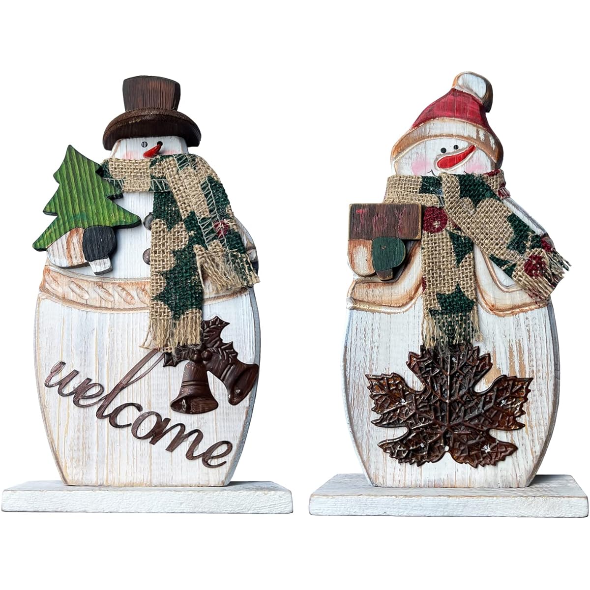 Wooden Christmas Snowman Tabletop Centerpiece Sign Winter Holiday Decorations Standing Snowman Statue Figurine Merry Christmas Indoor Outdoor Decoration