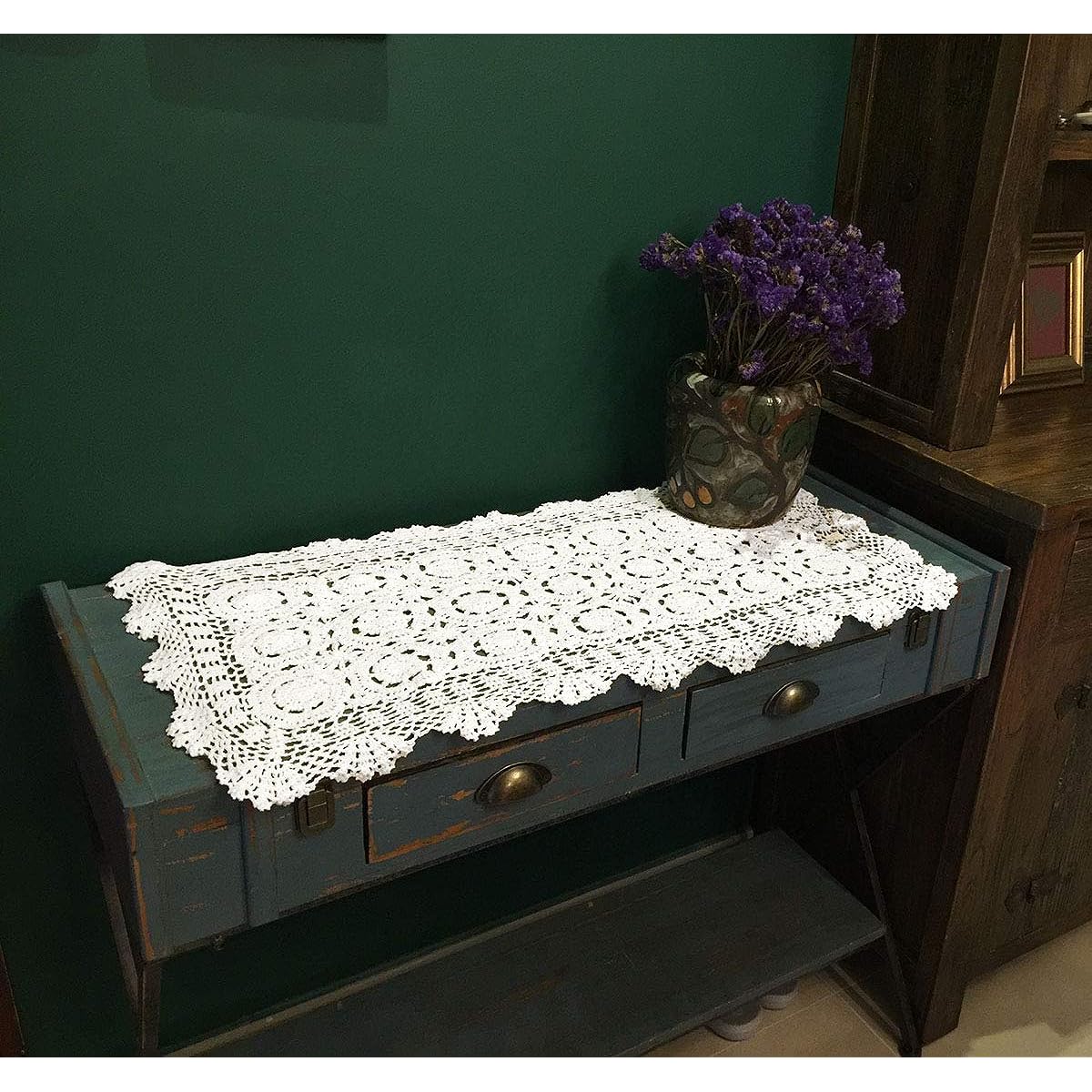 Janef Beige White Handmade Crochet Cotton Table Runner Lace Doily Rectangle Dresser Scarf 20 x 24-47 inches. 20 by 35 Inch White