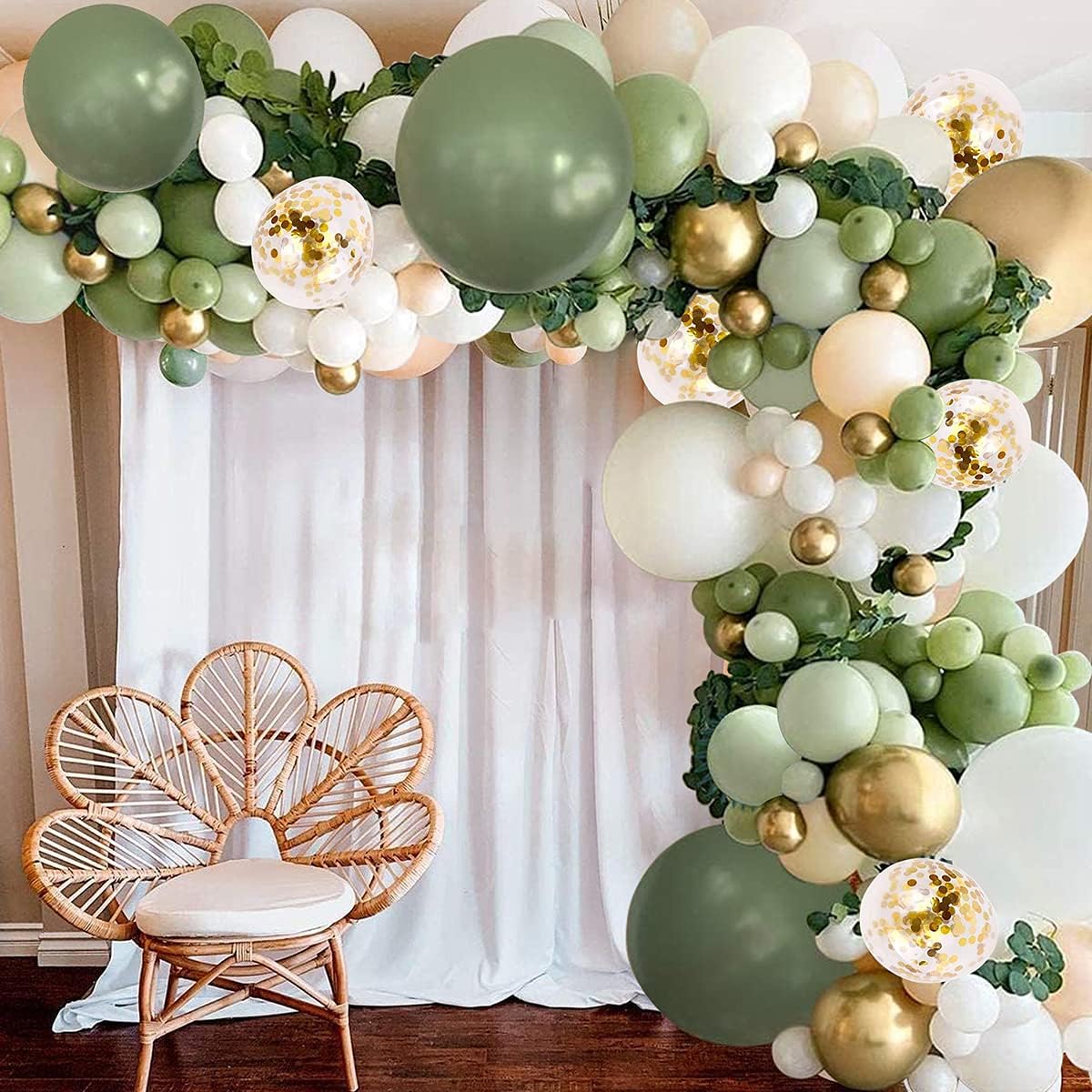 Sage Green Blush Eucalyptus Balloon Garland Kit, 131pcs Sage Green Blush Balloons with Artificial Eucalyptus Leaf Stems for Baby Bridal Shower Birthday Safari Party Decorations