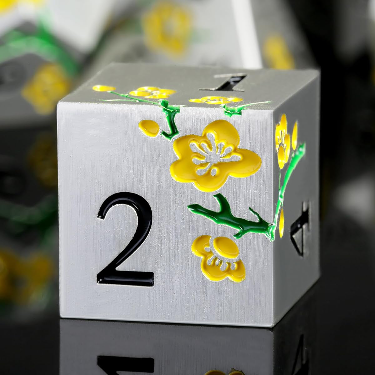 DNDND Silver Metal DND Dice 7pc Heavy Flower Metallic D&D Dice Set with Huge Gift Case for Dungeons and Dragons Tabletop Game (Yellow Flowers on Matte Silver)