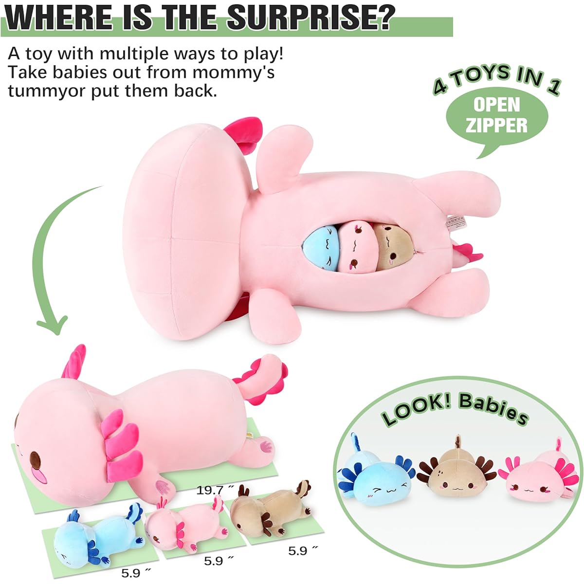 Onsoyours Axolotl Plush Toy Mummy 19.7" with 3 Baby Axolotl Stuffed Animals, Cute Axolotl Plush Toys 4 Pieces for Kids Girls Boys (Pink Axolotl Family)