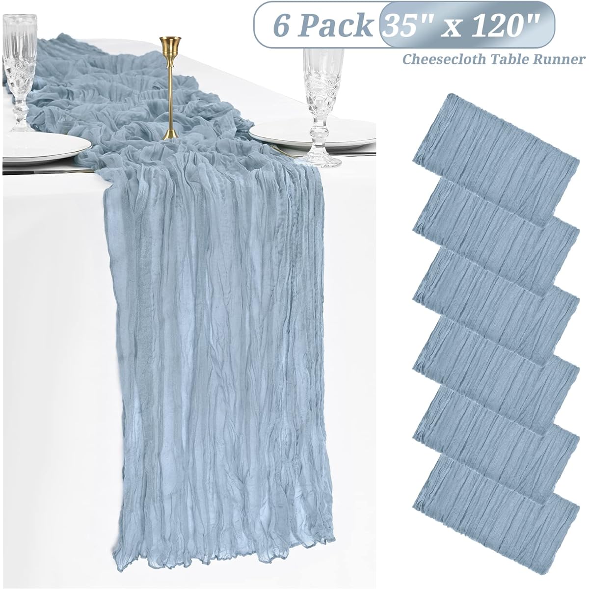 6 Pack Dusty Blue Cheesecloth Table Runner Gauze Table Runner 10FT Long Semi-Sheer Table Runner Boho or Rustic Wedding Table Decor for Wedding Decor Arch Draping Bridal Shower Holiday Party