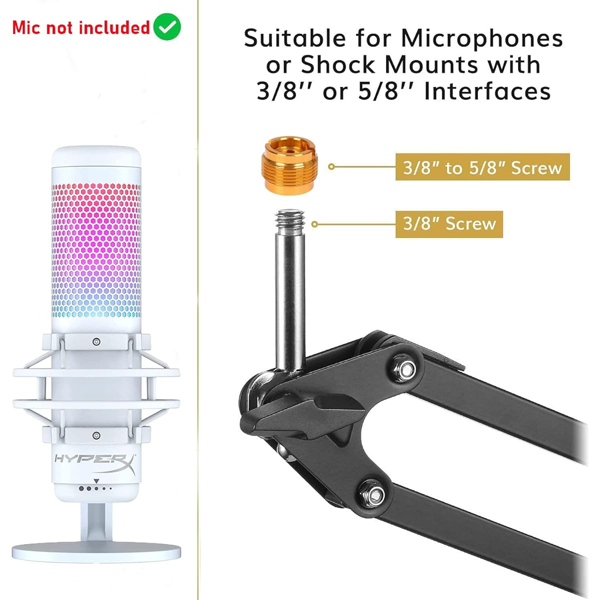 HYZUHOME White Boom Arm for Hyperx Qu&S, Professional Adjustable Hyperx Qu&White Microphone Boom Arm, White Stand, Compatible with Hyperx Qu&White Microphone