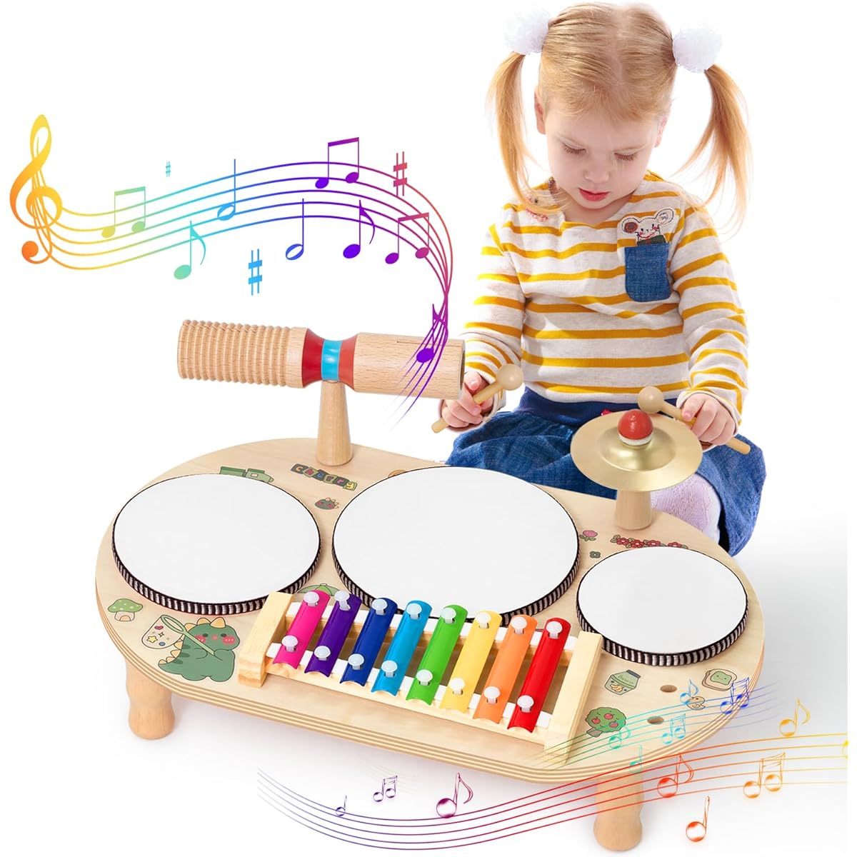 Kids Drum Set for Toddlers 8 in 1 Montessori Musical Instrument Wooden Kindergarten Sensory Toy Percussion Musical Instrument Gift for Boys and Girls