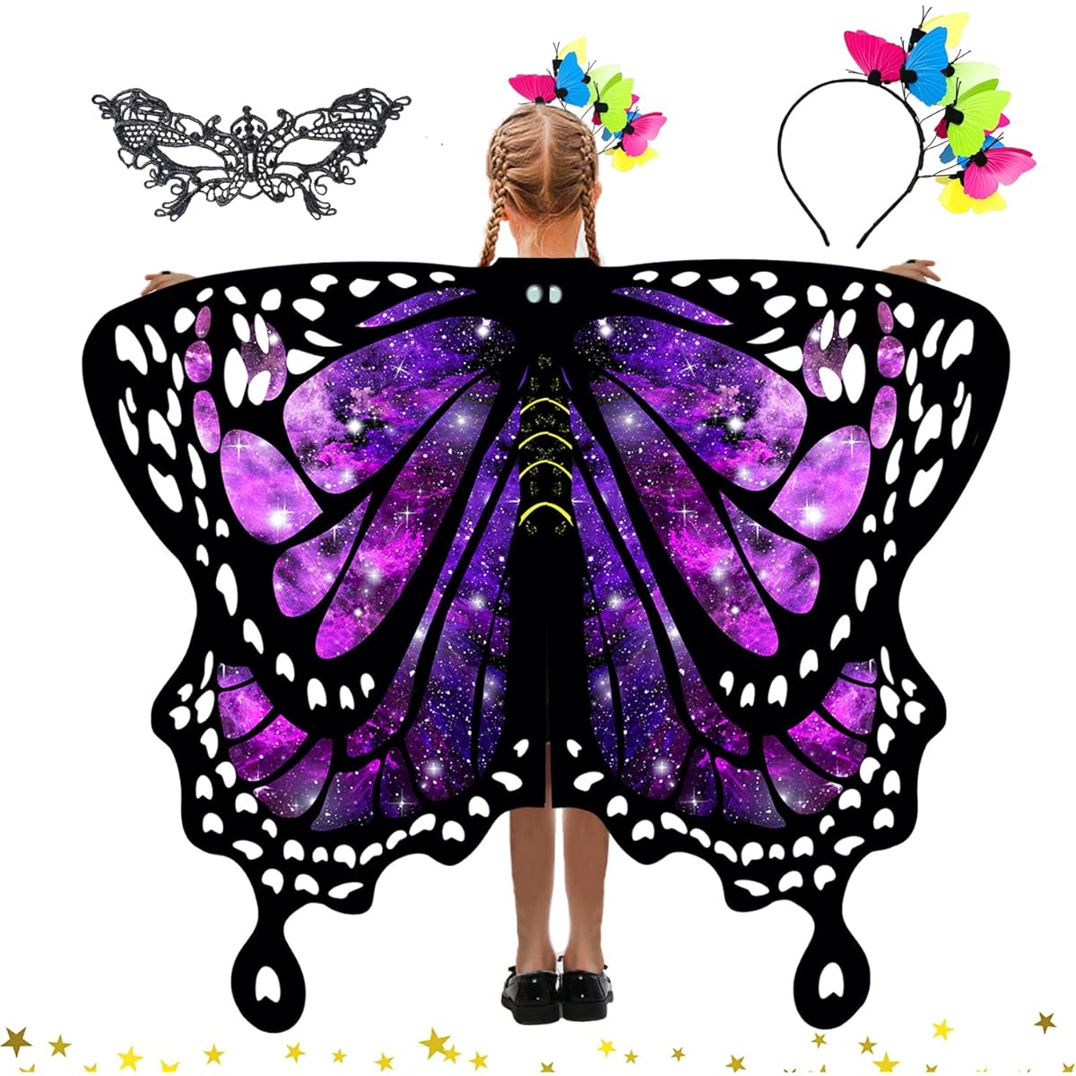 Butterfly Wings for Girls Monarch Butterfly Costume for Kids Fairy Shawl with Mask for Halloween Party Butterfly Headband
