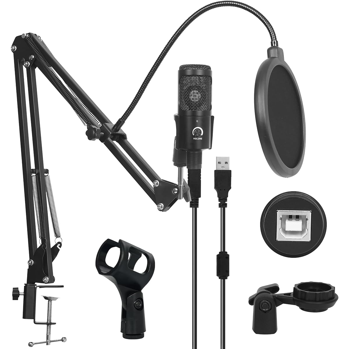 NKFUNGAT USB Condenser Microphone Kit Adjustable Mic Suspension Scissor Arm Metal Shock Mount Pop Filter for Streaming/Podcasting/Singing/YouTube/Studio, BM800