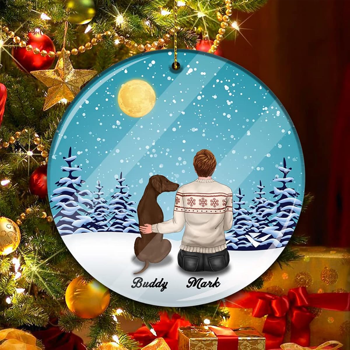 Personalized People With A Dog 2021 Christmas Ornament Customize Name Portrait Front Fireplace Gift Holiday Men Pet Lover Friends Christmas Tree Decoration Christmas Home Life Is Better With A Dog