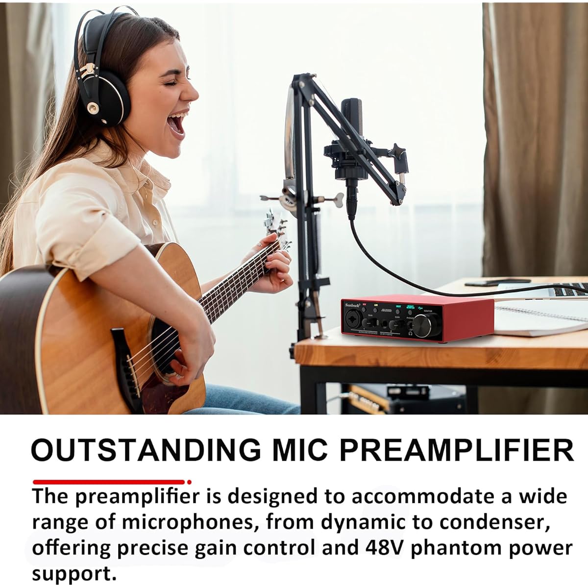 【Professional Recording, Studio Quality】2023newest Sunbuck USB Audio Interface, 24Bit/196kHz High-Fidelity, Ultra-low Latency, with XLR/48V Phantom Power for Recording