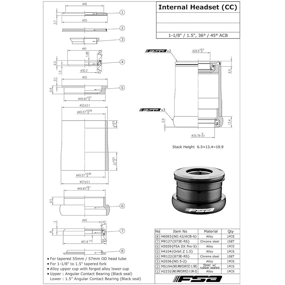 FSA 1/DX Pro-A 1-1/8 Inches to 1.5Inches Tapered Headset with Top Cap, XTE1666