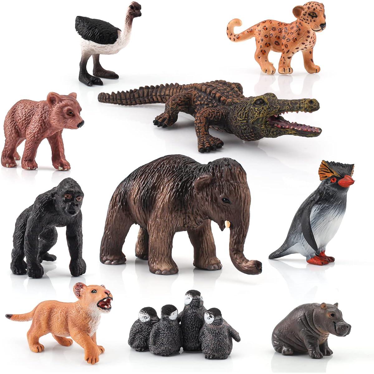 Cute Wild Animal Cub Figurines Animal Toys Set of 10 Birthday Gifts Toddler Bear Figurines Hippopotamus Gifts Small Ostrich Toys Mammoth Toys Lion Cub Figures Cake Topper