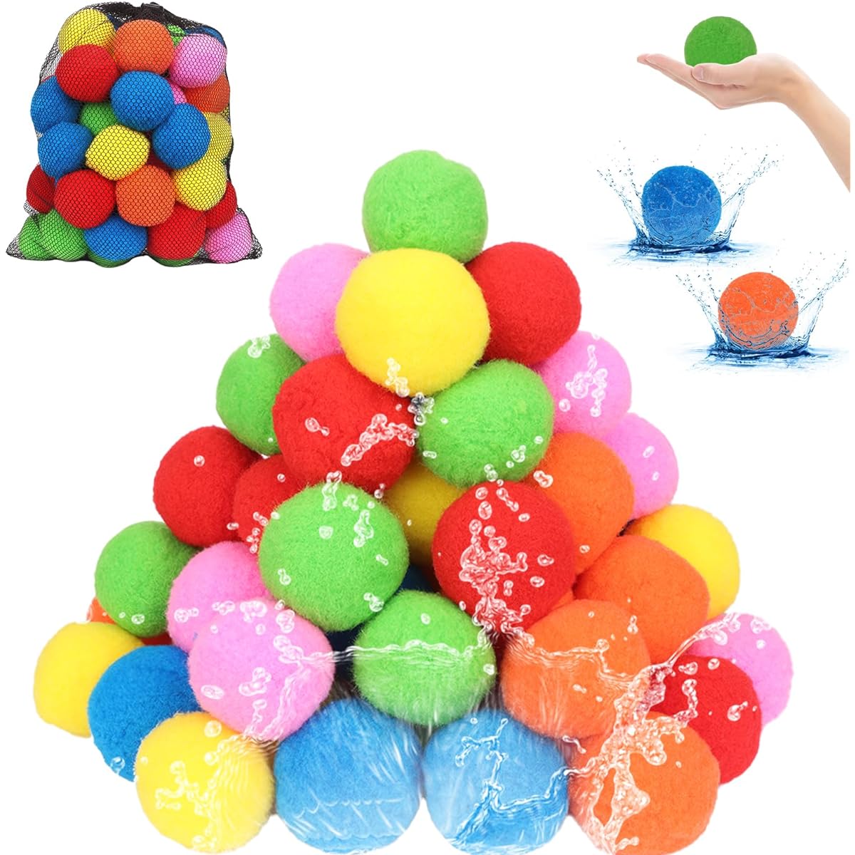 Water Soaker Balls, 60pcs Reusable Water Balloons Reusable Cotton Splash Toys for Pool Beach Outdoor Summer Fun Activities Yard Games