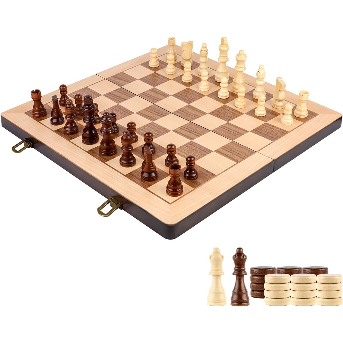 RERIVER 15 Inch Wooden Chess & Checkers Game Set Classic Folding Board Game Felt Game Board Interior for Storage with 2 Queen Piece Storage Slots