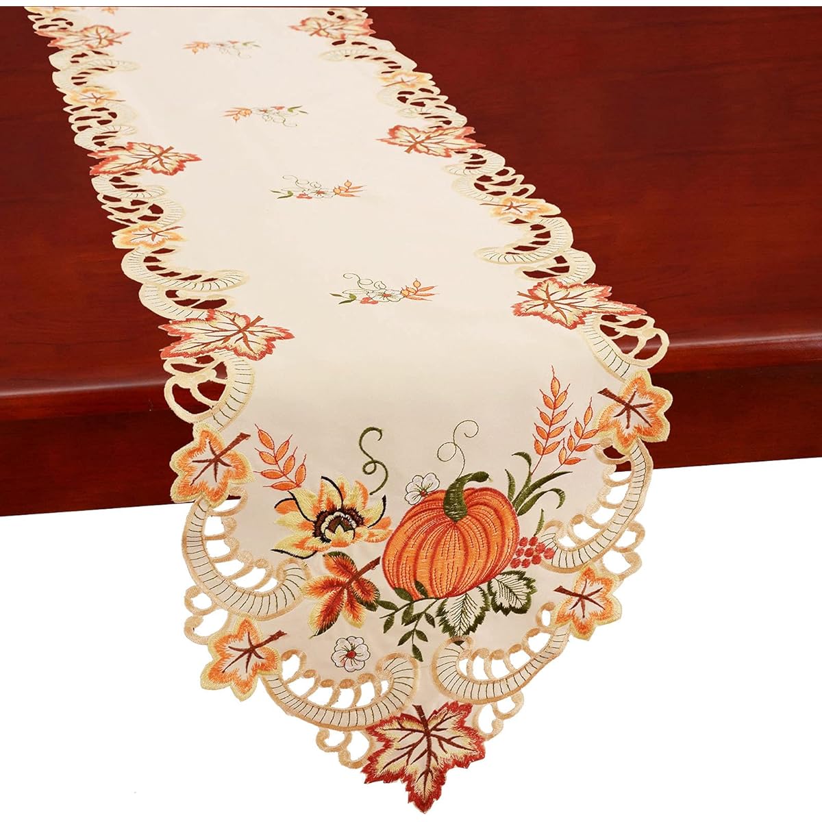 Simhomsen Thanksgiving Harvest Pumpkin Table Runner Embroidered for Fall or Autumn Decor (14" x 169")