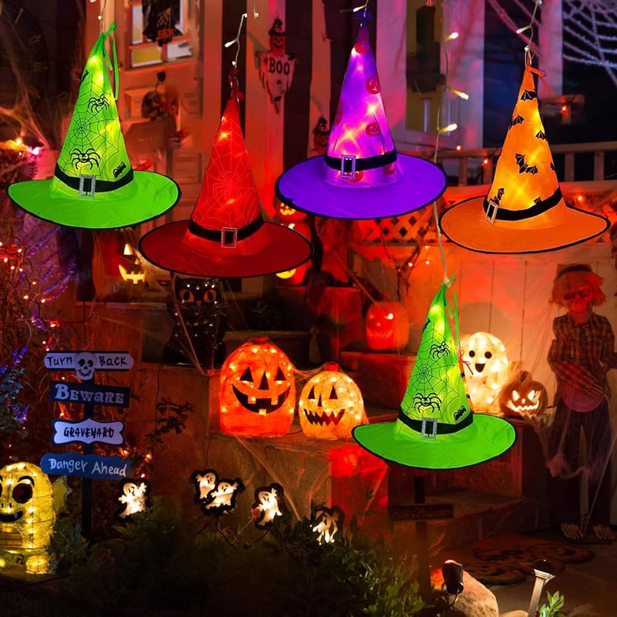 XTF2015 Halloween Witch Hat Lights Decorations Outdoor Upgraded 8pcs Hanging Glowing Witch String Lights 8 Modes 44ft 104LED Waterproof Halloween Lights for Outdoor Yard Tree Party Decor