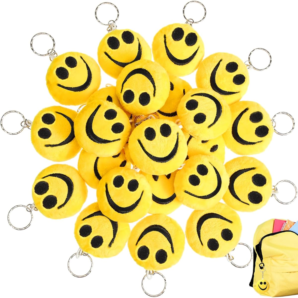 48pcs Mini Plush Keychains Smile Face Keychains Stuffed Animal Keychains Emoji Keychains Yellow Funny Stuffed Animal Keyrings Mini Plush Carnival Prizes Kids Birthday Party Supplies Treasure Chest School Classroom