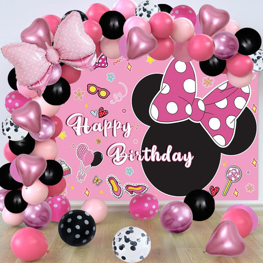5x3ft Pink Mouse Backdrop Girl Birthday Party Decorations Supplies Bow Balloon Arch Garland Kit Baby Shower Photo Booth Studio Props