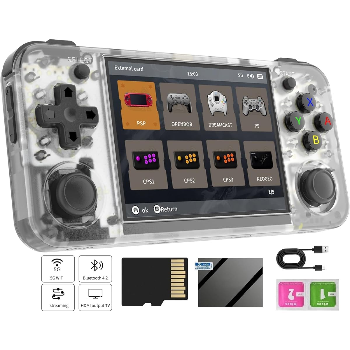 RG35XX H Retro Handheld Game Console 3.5 Inch IPS Screen Linux System Built-in 64G TF Card 5528 Games Support TV Output (Transparent White)
