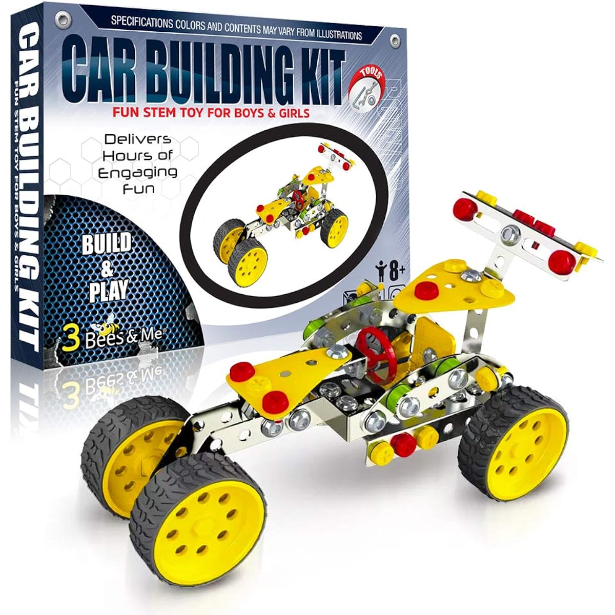 3 Bees & Me STEM Car Building Erector Toy Kit | Educational Metal Projects for Ages 8-11 (6-7 with Help) Beginner Gift Set for STEM Learning and Junior Engineers