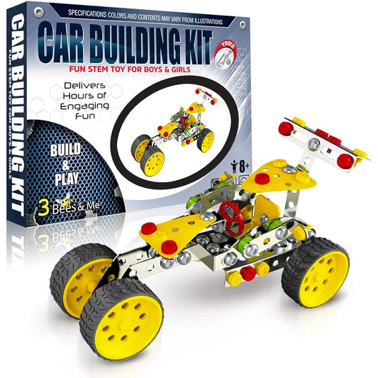 3 Bees & Me STEM Car Building Erector Toy Kit | Educational Metal Projects for Ages 8-11 (6-7 with Help) Beginner Gift Set for STEM Learning and Junior Engineers
