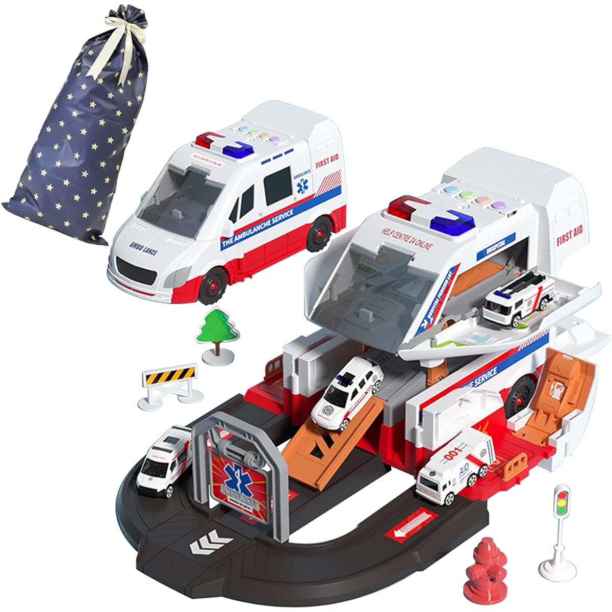 n Law Compliance Tested] MRG Car Toy, Transformable, Working Car, Mini Car Set for Kids, Rail Toy, Pops Out, Makes Sounds, Shines, Lights, Ambulance, Fire Engine, Police Car, Emergency Vehicle, Realistic, 2-Story, Easy (Star Wrapping Included, Ambulance)