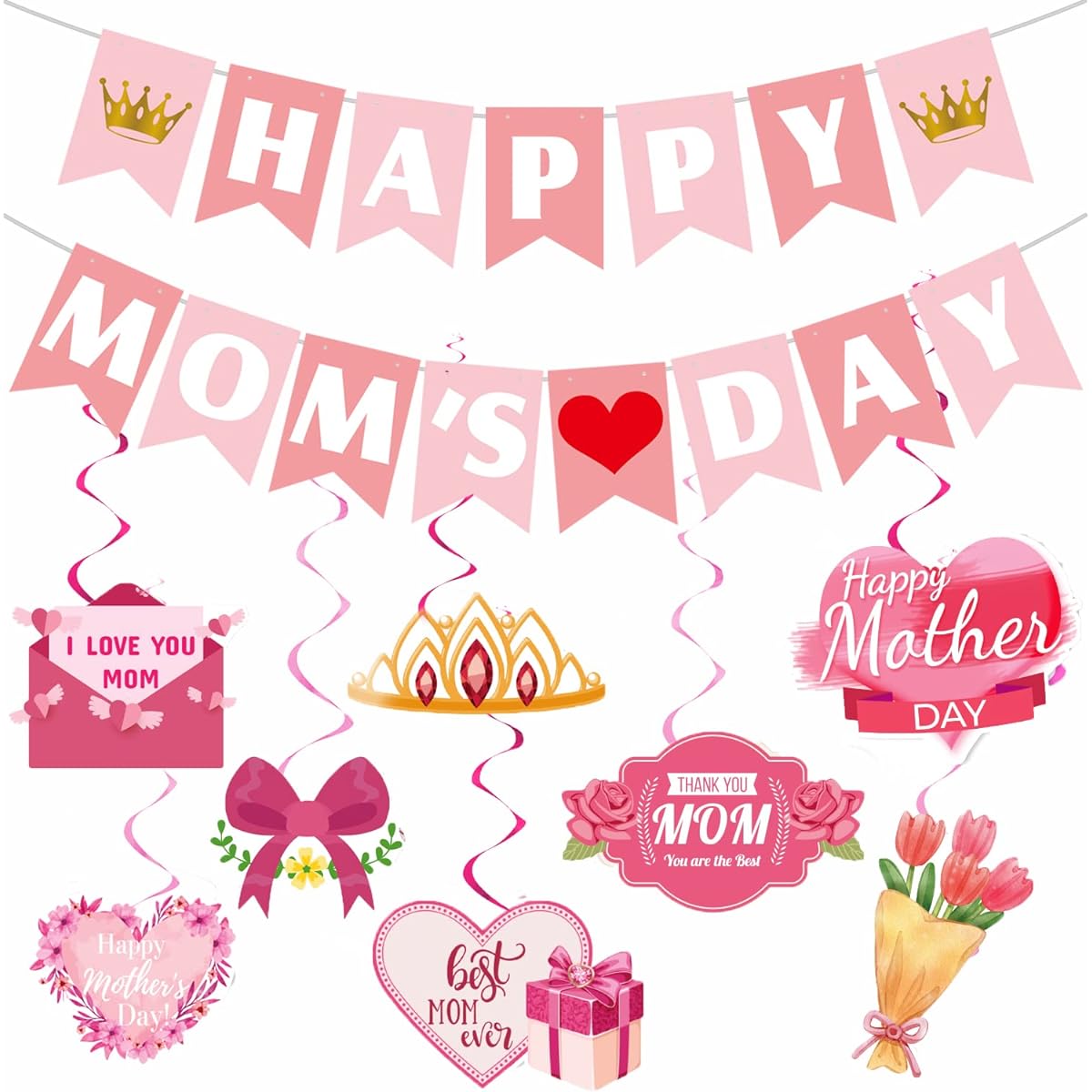 Mother's Day Hanging Decorations Set, Happy Mother's Day Banner, Mother's Day Hanging Swirl Decorations, Mother's Day Party Decorations for Office/Classroom/Home