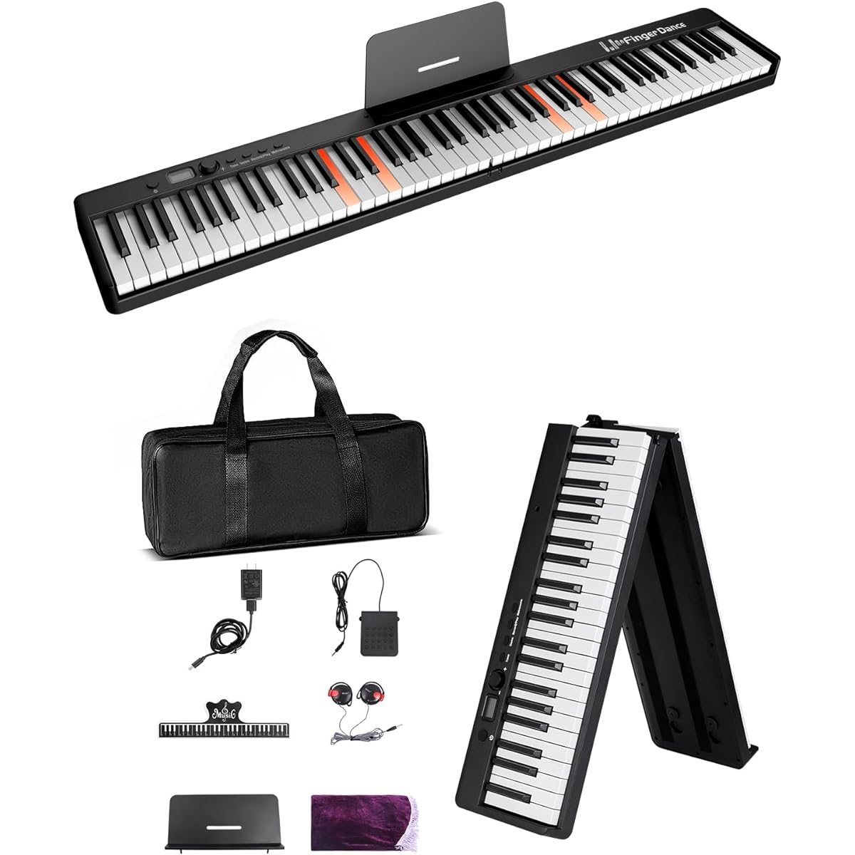 Foldable Digital Piano, 88 Keys, For Beginners, Adults, Semi-Weighted, With Pedal, Dustproof, Portable (Compact Lamp Included, Black)