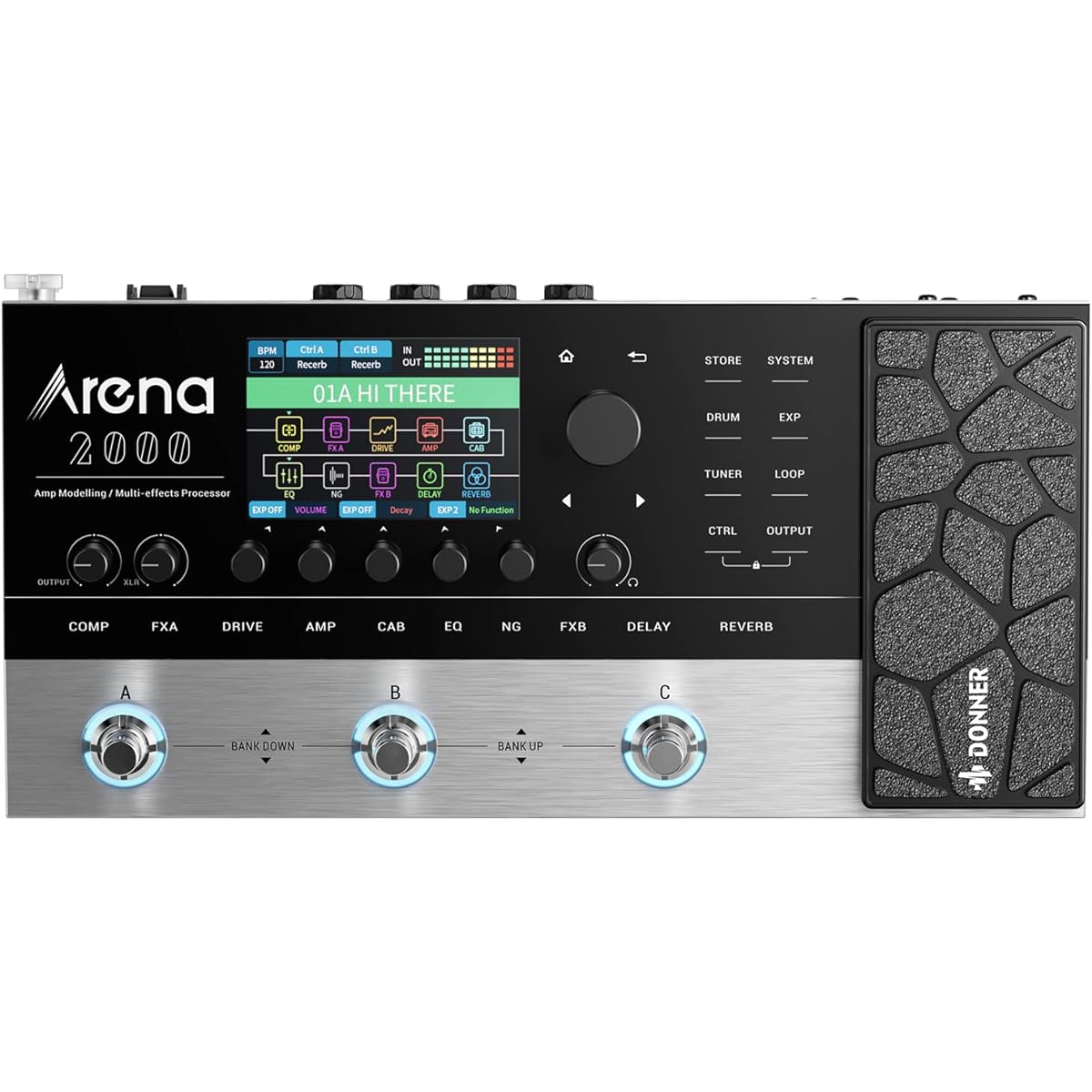 Donner Multi-Effector 278 Effects 80 Amp Models 50 Built-in Cabinet IRs 50 External IRs 150 Presets MIDI Compatible Win/Mac/iOS/Android Editor XLR Output Arena 2000