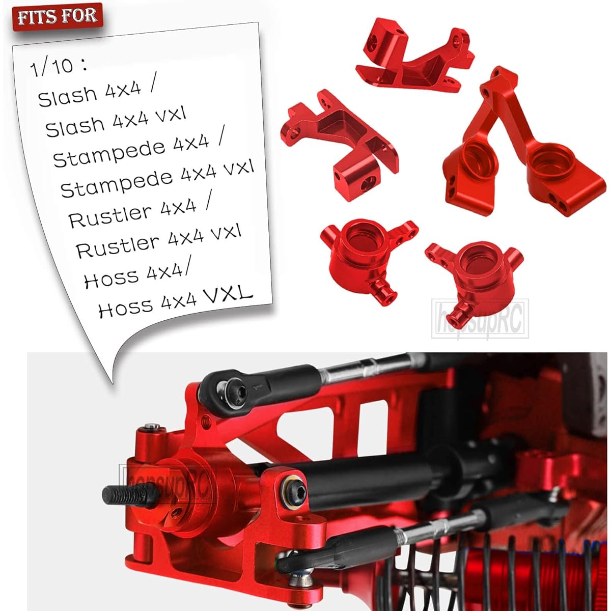HopsupRC Alloy Steering Block Caster Block C Hub Stub Axle Carrier Upgrade Parts for 1/10 Slash Raster Stampede Hos 4x4 VXL 4WD Left and Right Wheel Hex & Bearing Hop Up Red