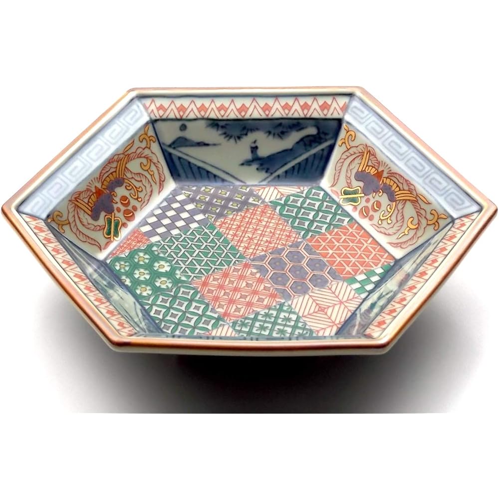 Rinkurou kiln Old Imari style dyed nishikiji monsansui hexagonal Japanese plate set of 5 Hasami ware