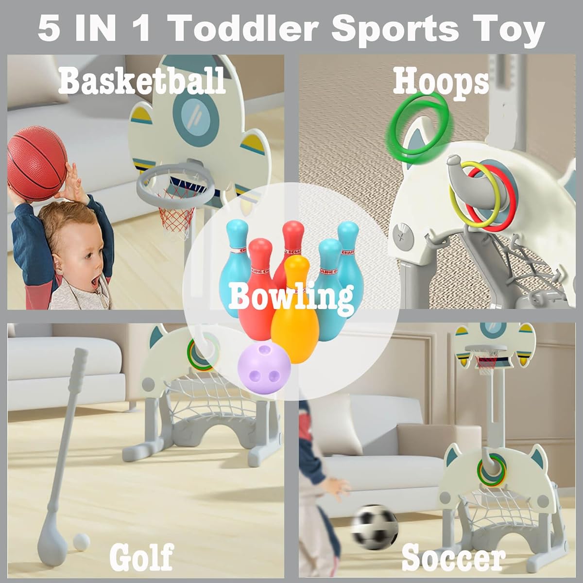 HouzeFun 5-in-1 Adjustable Height Toddler Sports Activity Center Indoor Outdoor Sports Toys Set with Basketball Hoop, Soccer Golf Hoop, Bowling, Best Sports Gifts for Kids Ages 3-5, 4-8, 8-12 (White)