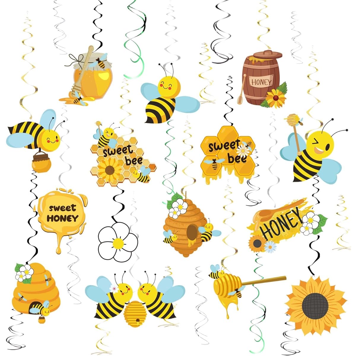 Chilfamy 30Pcs Bee Hanging Decorations, Bumble Bee Hanging Swirls, Honey Ceiling Hanging Decors for Gender Reveal Bee Day, Sweet Boys Girls Bee Birthday Baby Shower Party Supplies