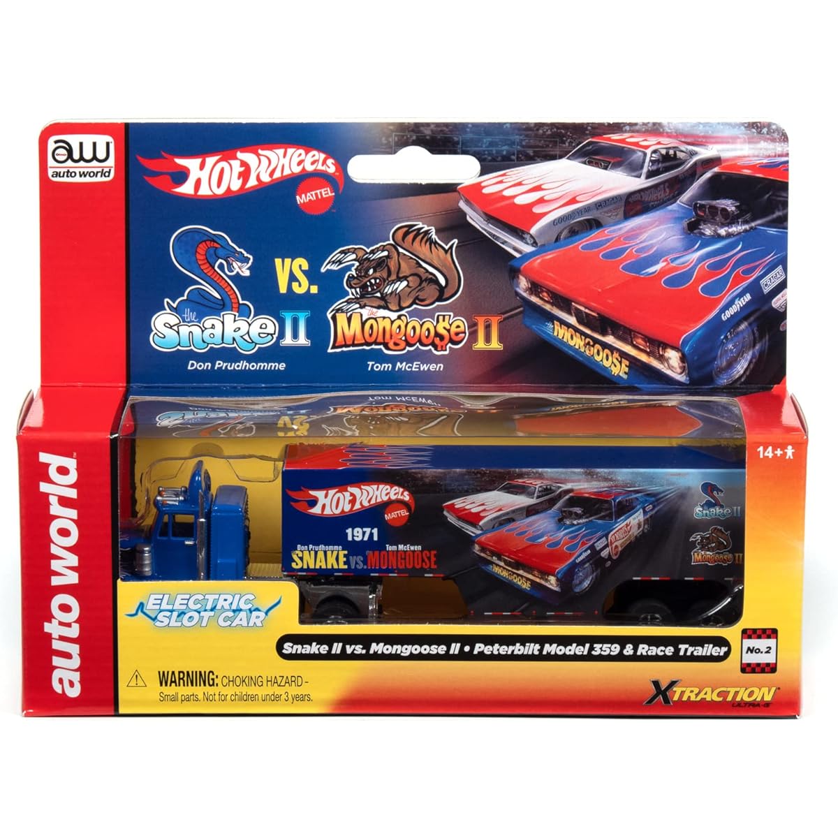 Auto World Xtraction Racing Rig Peterbilt 359 Trailer Snake II vs. Mongoose II (Flamethrower) with HO Scale Slot Car