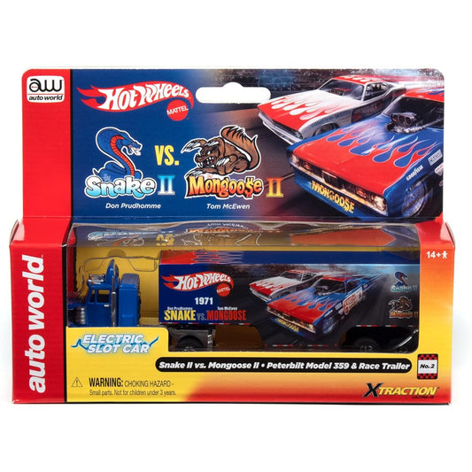 Auto World Xtraction Racing Rig Peterbilt 359 Trailer Snake II vs. Mongoose II (Flamethrower) with HO Scale Slot Car