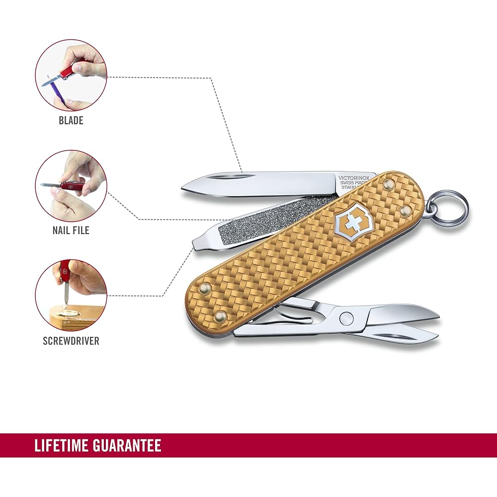 VICTORINOX Classic Precious ALOX Collection All 5 Colors Swiss Army Knife Multifunctional Knife Outdoor Camping Scissors with Flathead Screwdriver Equipped with Nail File Swiss Made Multi Tool with 5 Functions Small Compact Lightweight Easy to Carry [Dom