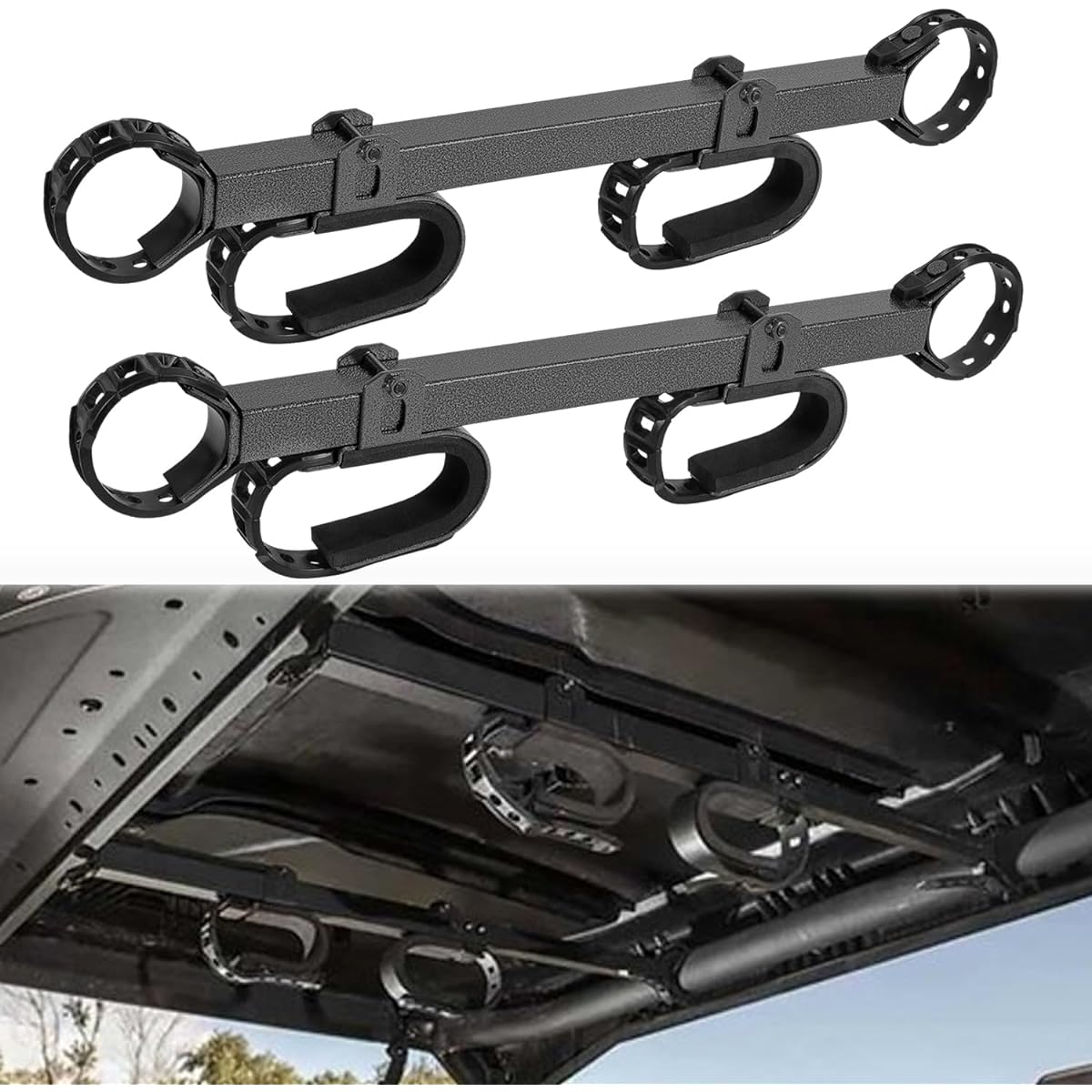 UTV Gun & Bow Rack Overhead-in-Cab Holder (20079) for 1.5-2" Roll Bar for Polaris RZR Ranger Yamaha Can Am Kawasaki Snowmobile Golf Carts, Pack of 2