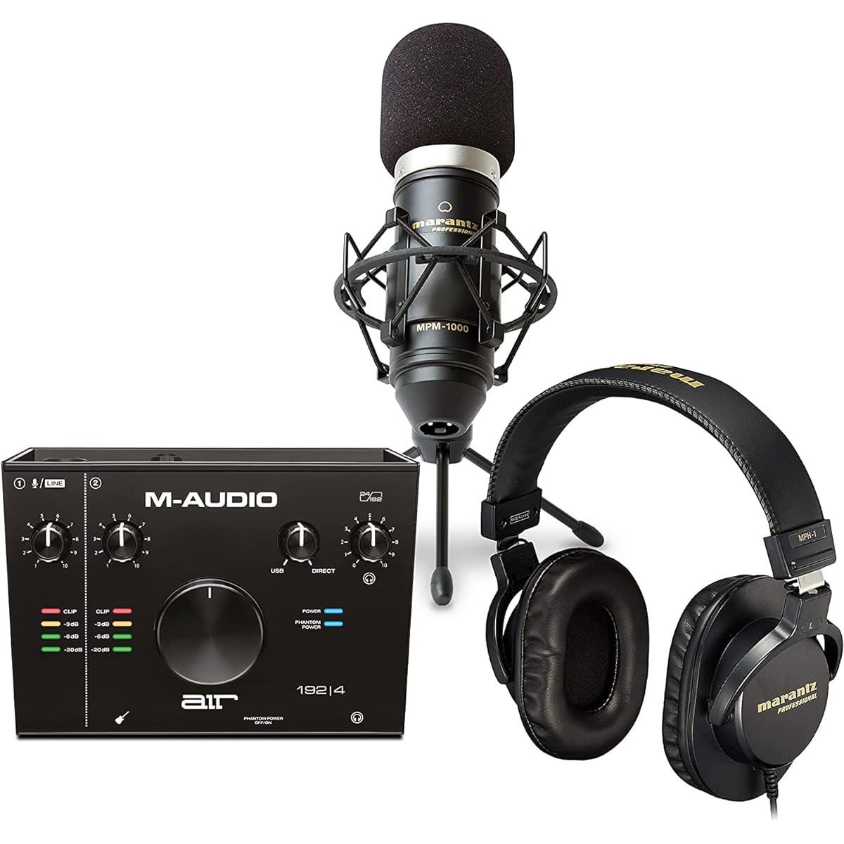 Complete vocal production set Marantz Pro condenser microphone MPM-1000 Marantz Pro closed-type monitor headphones MPH-1 M-Audio USB/USB-C compatible 2-in/2-out audio interface AIR 192|4