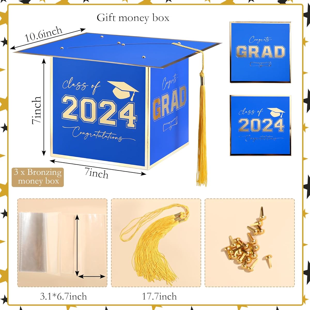 Spakon 3 Sets 2024 Graduation Piggy Bank for Cash Gifts, Graduation Money Holder, Surprise Cash Gift, Graduation Money Pull Box, High School High School Graduation Gifts (Blue Gold)