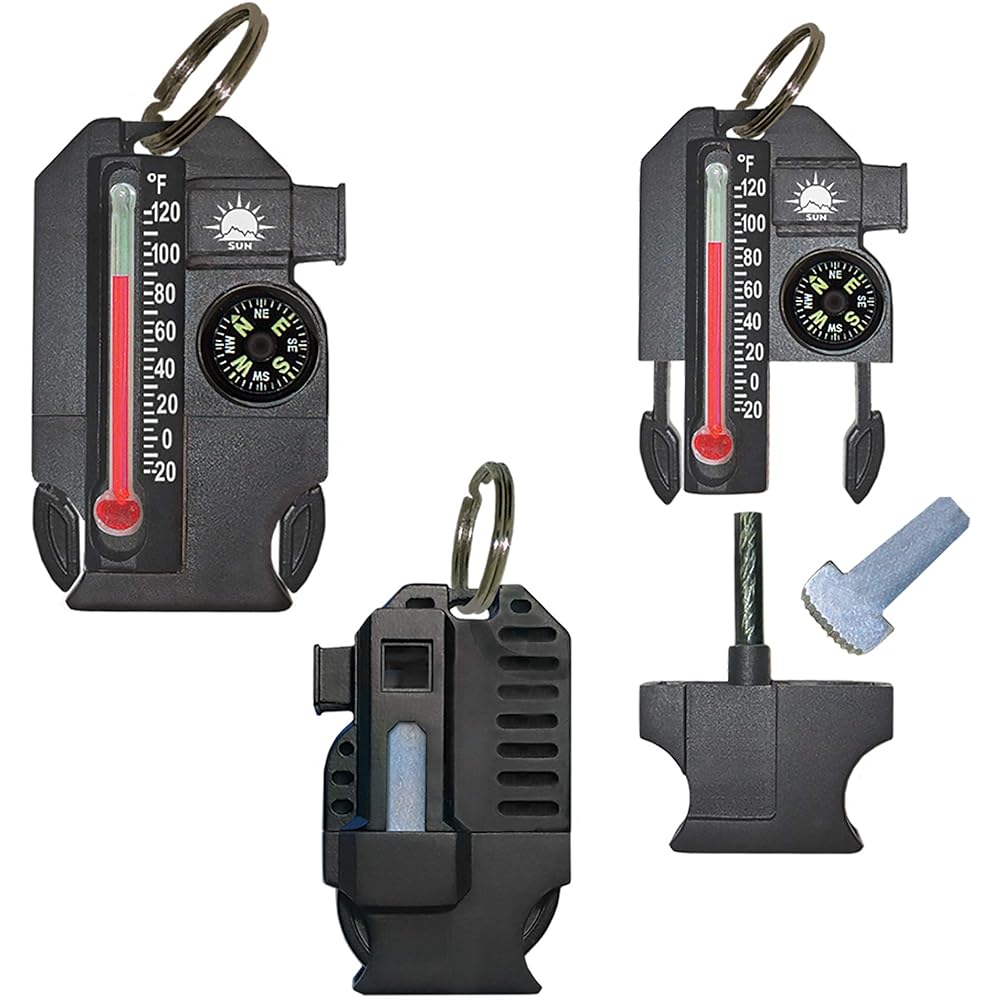 Sun Company Outsider - 4-in-1 Survival Multi-Tool | Compass, Thermometer, Whistle, and Fire Starter All in a Compact Zipper Pull Black