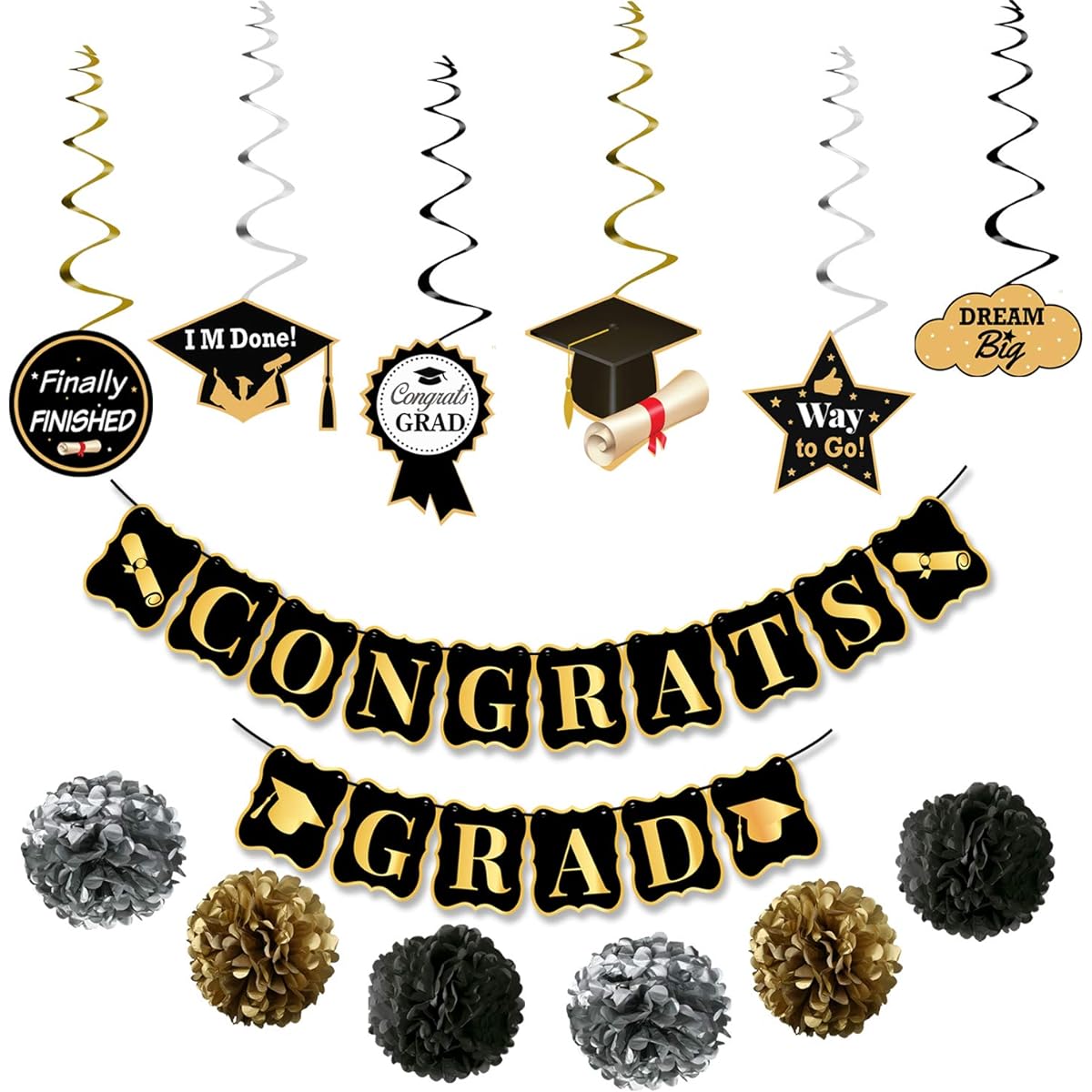KatchOn Black & Gold Graduation Party Decorations 2023 - Pack of 19 Graduation Banners No DIY Required | Graduation Hanging Swirls with Pom Poms | Graduation Decorations Class of 2023 Black & Gold