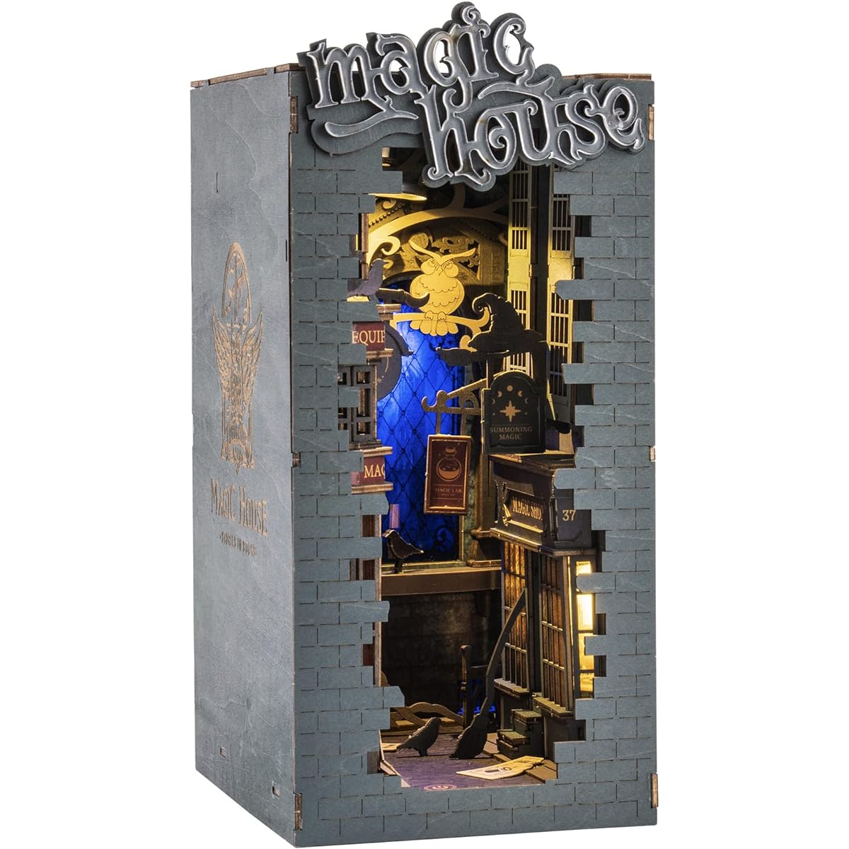 Rowood Book Nook 3D Wooden Puzzle DIY Bookshelf Insert Decorative Building Set Model Kit with LED Lights for Adults Kids Magic House
