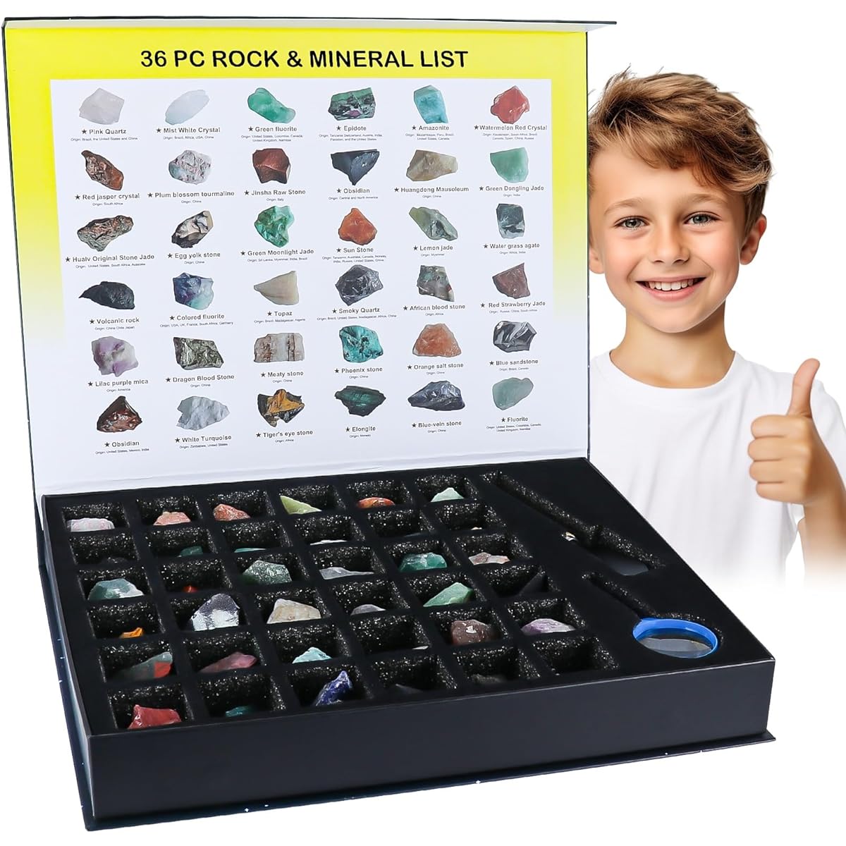 BTYCityMao Rock Collection for Kids - 36 Piece Cool Rocks and Gemstones Crystal Kit - Rock and Mineral Science Kit with Tilt Guide - Earth Science Activity Kit - Rock Collection Box for Kids
