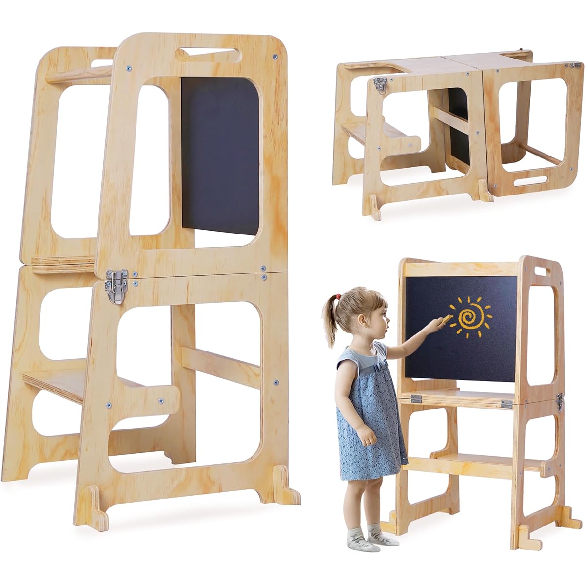 lesolar 3-in-1 Wooden Toddler Standing Tower, Montessori Assistant Tower, Perfect for Toddlers and Kids Ages 1-6, Kitchen Tower, Blackboard Tower, with Safety Rails