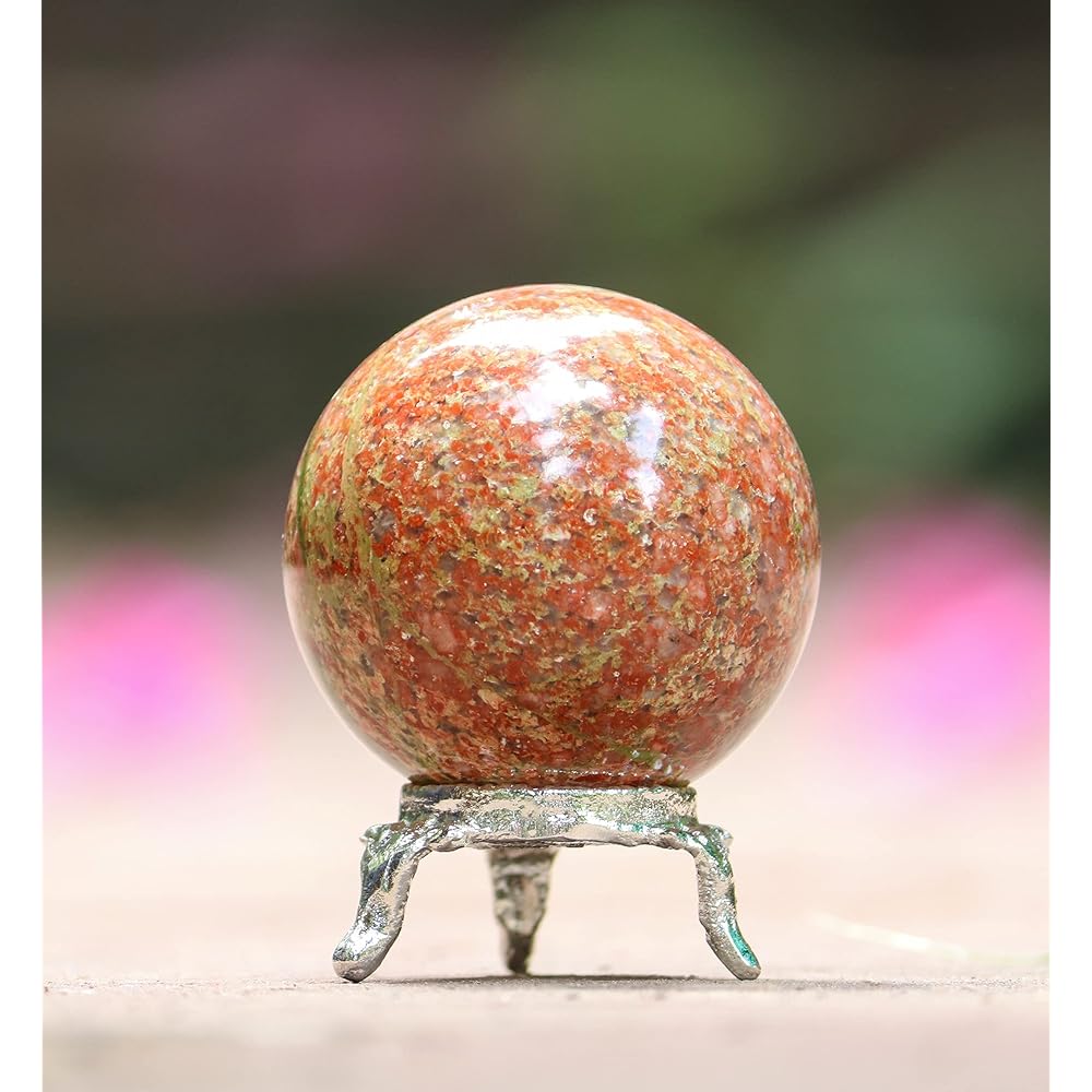 Crocon 50mm Unakite Stone Sphere with Metal Stand, Over 1400 Carats Gemstone Ball Healing Sphere Sculpture Figurine Feng Shui Fortune Telling Home Decor Photography Crystal Sphere