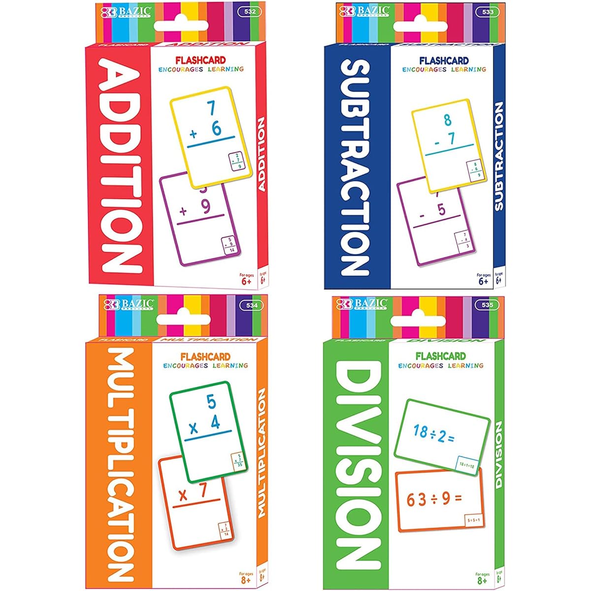 BAZIC Addition, Subtraction, Multiplication, Division, Division Flash Cards, Number Arithmetic, Calculation Card Game, Educational Learning, Home School, Classroom Children's Activities (36 Cards), Set of 4
