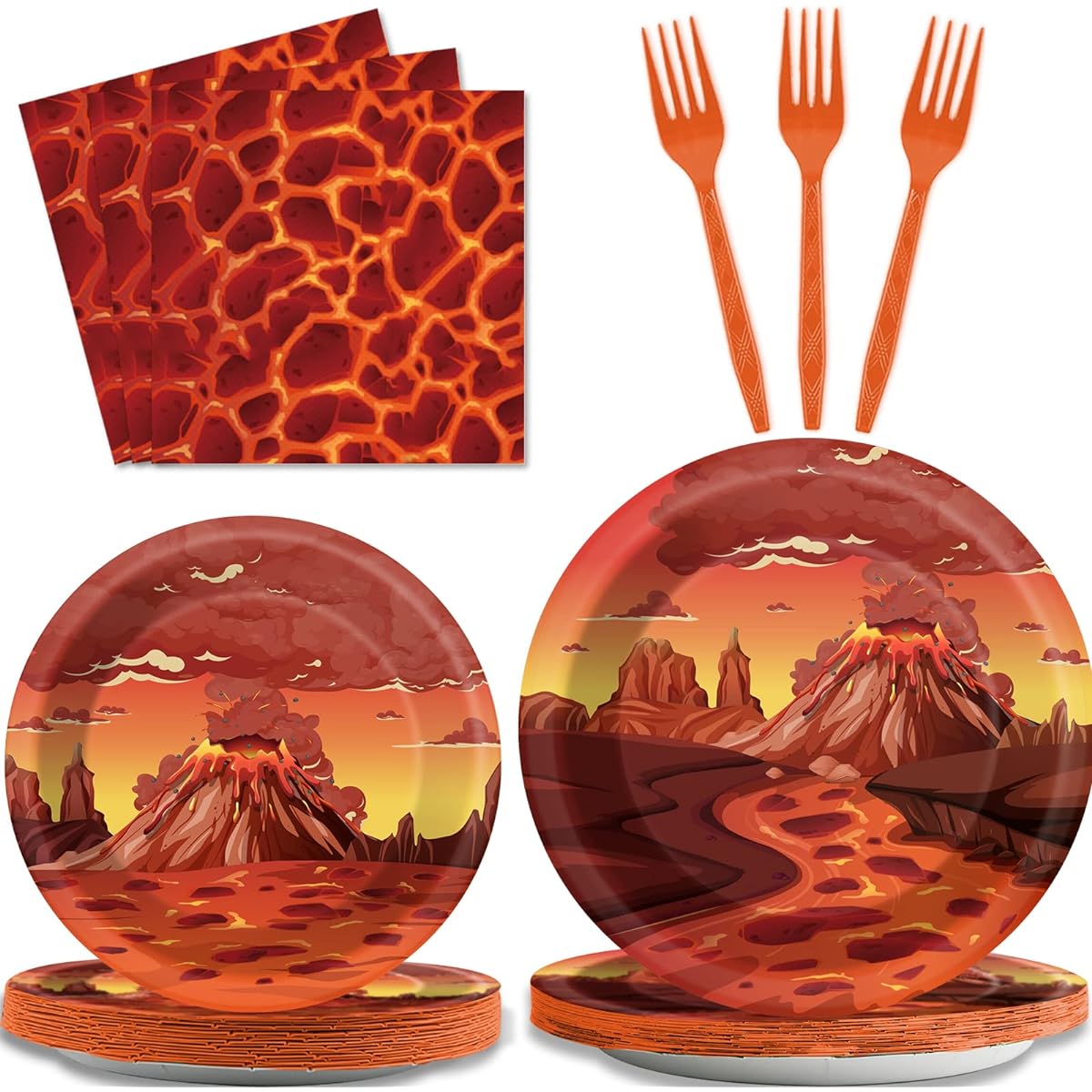 Volcano Hot Lava Party Supplies Tableware Set for 24 Guests Lava Volcano Party Decorations Dragon Dinosaur Party Paper Plates Napkins Forks 96pcs