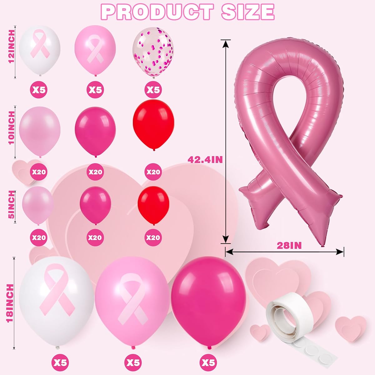 Breast Cancer Awareness Balloon Arch Garland Pink Ribbon Foil Balloon Decoration Pink White Confetti Latex Balloons for Women Girls Survivor Campaign Party Supplies 154 Pieces
