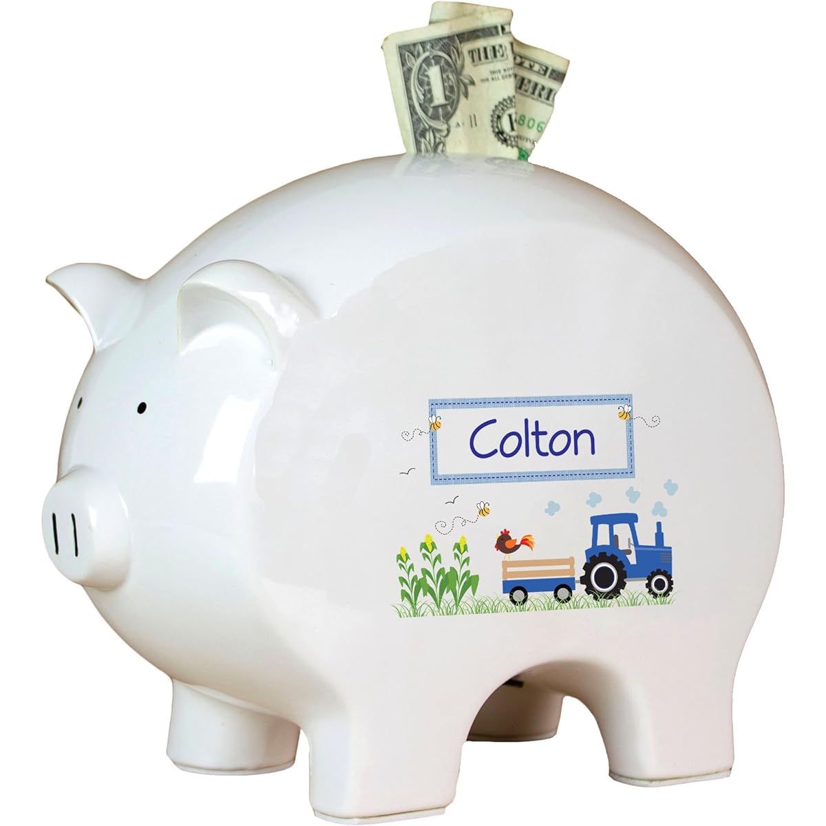 Personalized Blue Tractor Piggy Bank