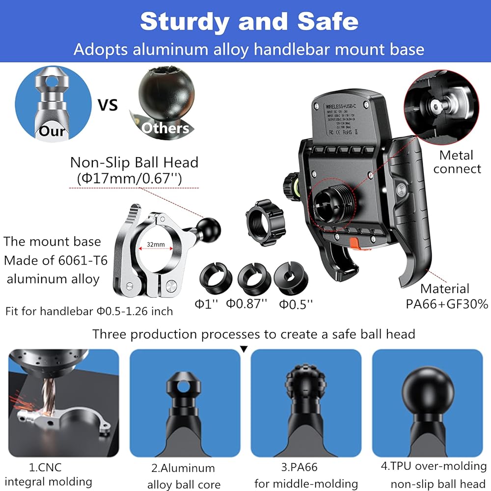 Kewig Motorcycle Phone Mount Wireless 15W & USB C 20W Dual Charger Anti-Vibration Motorcycle Phone Holder Aluminum Alloy Handlebar Mount Base Compatible with 4-7.9 inch Cell Phone